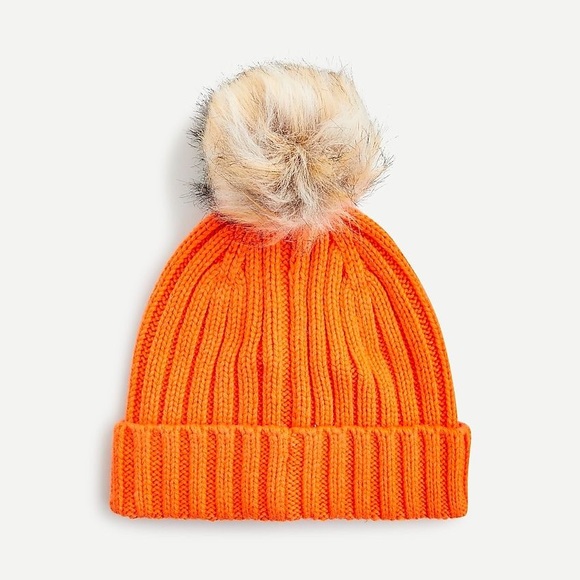 New J. Crew Ribbed Beanie with faux-fur Pom-Pom